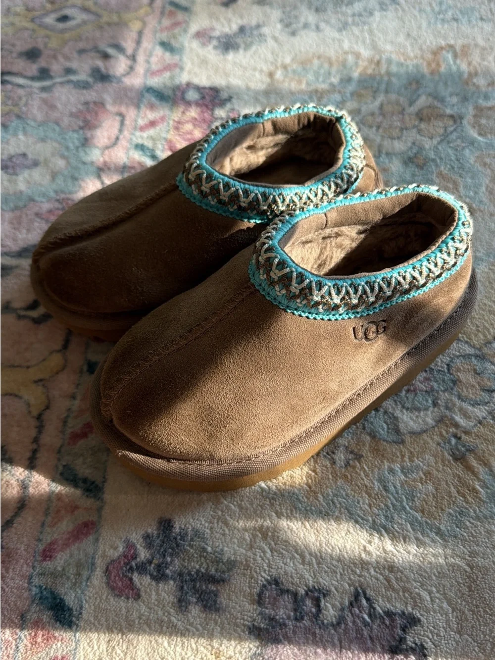 UGG Kids Chestnut Suede Slip-On Slippers with Teal Trim
